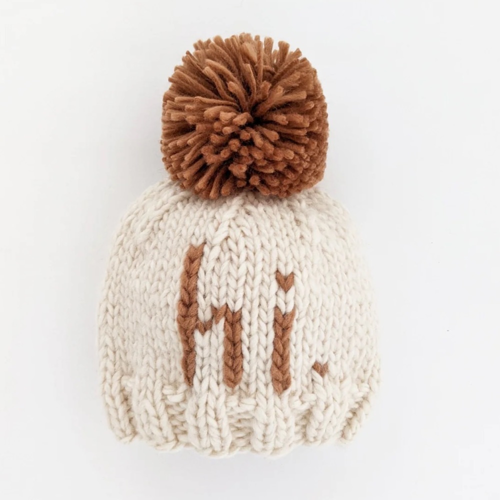 Huggalugs Cozy Knit baby Hat with Pom Pom - Cream and Brown